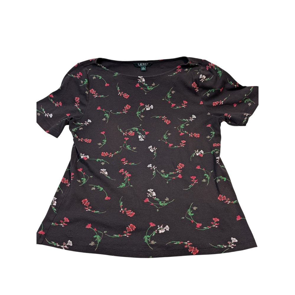 Lauren Ralph Lauren Women Floral Boat Neck Top XL Black Red
